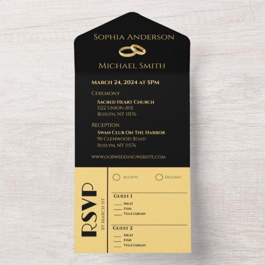 Zwart en Goud-We Do-Wedding Ringen- All In One Uitnodiging (Binnen)