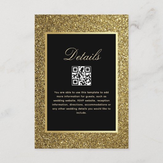 Zwart en Goud Wedding Details QR Code Informatiekaartje (Voorkant)