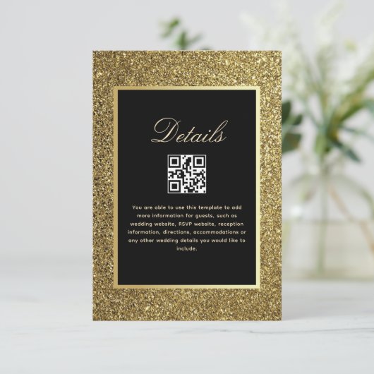 Zwart en Goud Wedding Details QR Code Informatiekaartje (Staand voorkant)