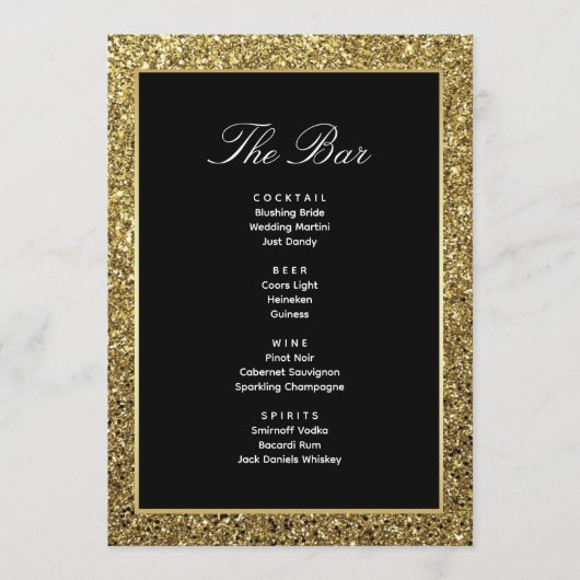 Zwart en Goud Wedding Drink Bar Menu Kaart (Voorkant)