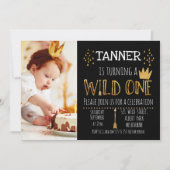 Zwart en Goud Wild Foto 1e verjaardag Uitnodiging (Voorkant)