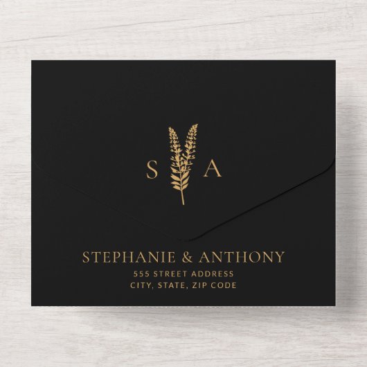 Zwart en Goud Wilde Bloemen Minimale Bruiloft All In One Uitnodiging (Achterkant)