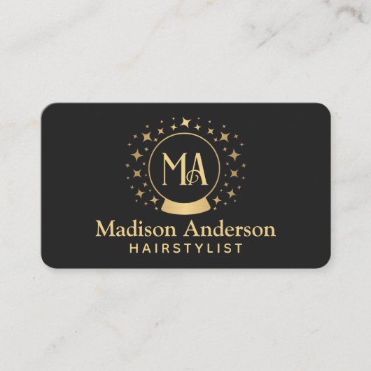 Zwart en Goud Witchy Monogram Haarstylist Visitekaartje (Voorkant)