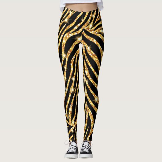 Zwart en Goud Zebra Print Leggings (Voorkant)