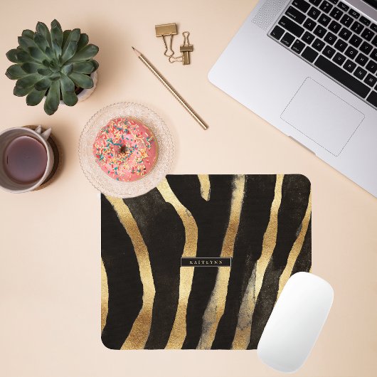 Zwart en goud Zebra Print | Monogram Muismat