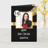 Zwart en goud zoete zestien foto kaart (Gele Bloem)