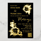 Zwart en Goud Zonnebloem QR code Bruiloft Uitnodig Folie Feestdagenkaart (Voorkant)