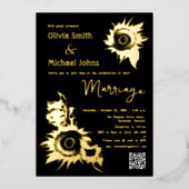 Zwart en Goud Zonnebloem QR code Bruiloft Uitnodig Folie Feestdagenkaart (Voorkant)