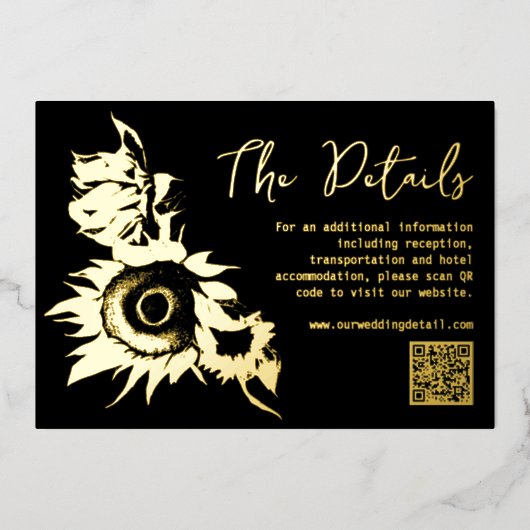 Zwart en Goud Zonnebloem QR code Details kaart (Voorkant)