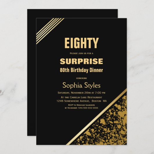 Zwart en goudbruin, 80ste verjaardag, avondeten kaart (Voorkant / Achterkant)