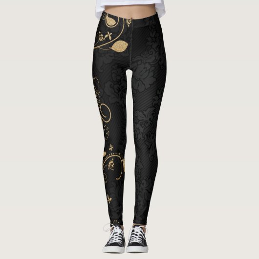 Zwart en gouddecoratief patroon leggings (Voorkant)