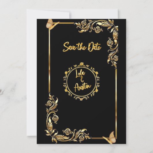 Zwart en gouden 3D-teksteffect Bewaar de datum Tro Kaart (Achterkant)
