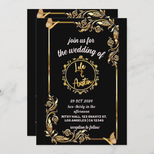 Zwart en gouden 3D-teksteffect Bewaar de datum Tro Kaart (Voorkant / Achterkant)