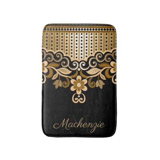 Zwart en Gouden Abstract Bloemen Badmat (Voorkant Verticaal)