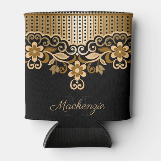 Zwart en Gouden Abstract Bloemen Blikjeskoeler (Voorkant)