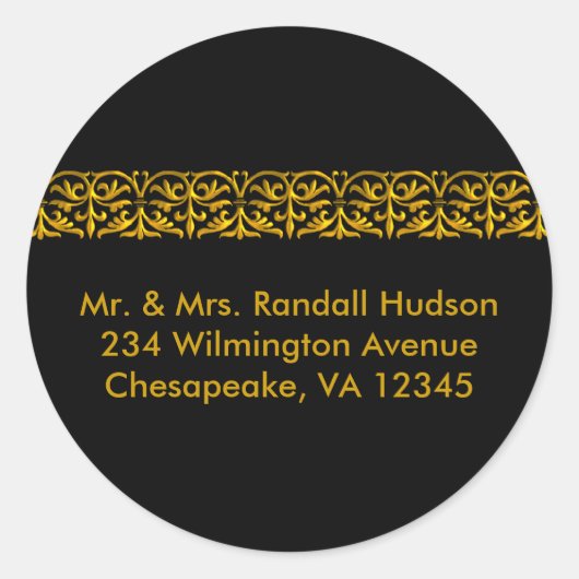 Zwart en Gouden Adreslabel Ronde Sticker (Voorkant)