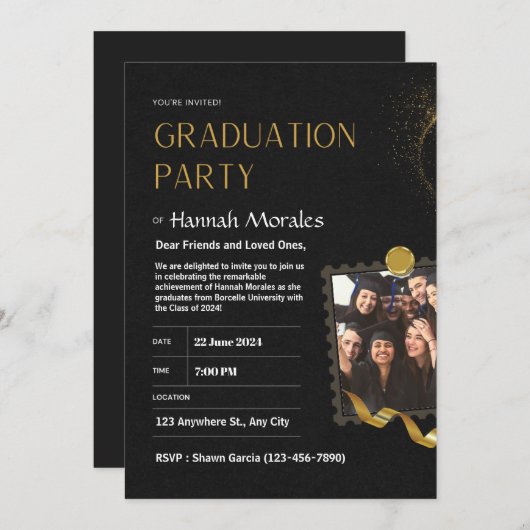 Zwart en gouden Afstuderen, met foto Afstuderen Kaart (Voorkant / Achterkant)