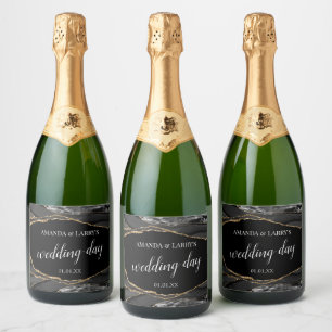 Zwart en gouden agaat marmeren vonkelende wijnlabe sparkling wijnetiket