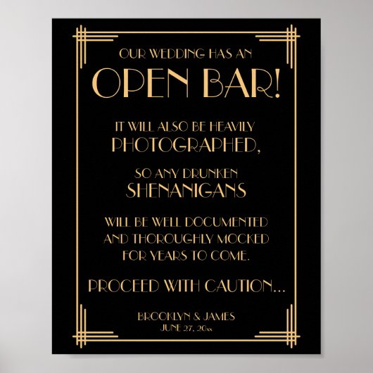 Zwart en gouden Art Deco Gatsby Open Bar-bord 8x10 Poster (Voorkant)