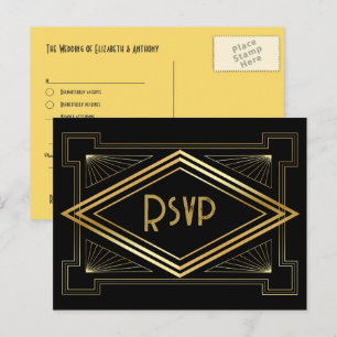 Zwart en Gouden Art Deco Huwelijk RSVP QR Code Briefkaart