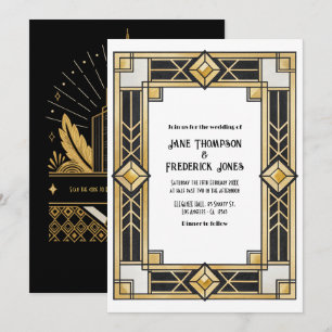 Zwart en gouden Art Deco QR-code RSVP-huwelijk Kaart