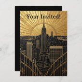 Zwart en gouden Art Deco uitnodiging (Voorkant / Achterkant)