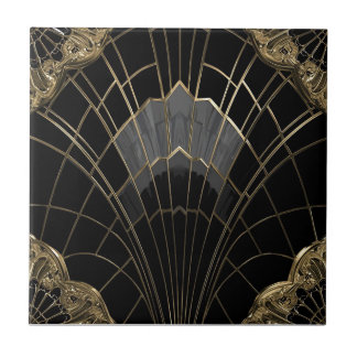 zwart en gouden Art Deco waaierpatroon Tegeltje