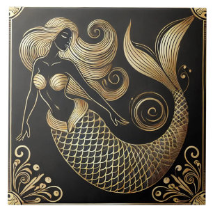 Zwart en gouden Art Deco zeemeermin lijngrafiek Tegeltje