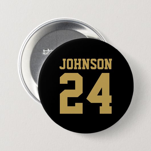 Zwart en Gouden Atleet Naam Jersey Nummer Ronde Button 7,6 Cm (Voorkant /achterkant)
