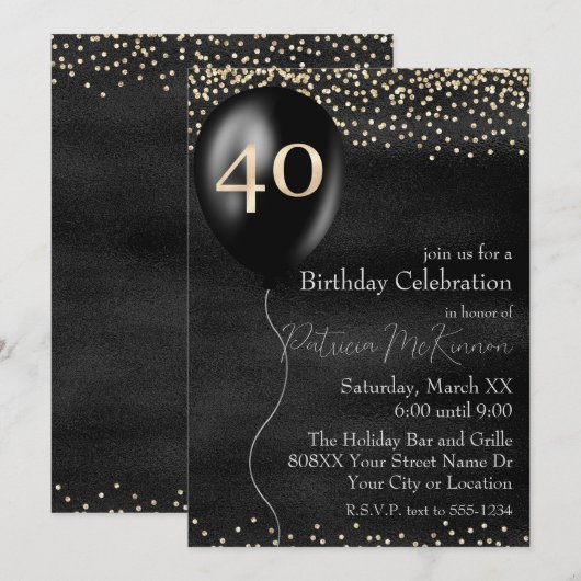 Zwart en Gouden Ballon 40e Verjaardag Kaart (Voorkant / Achterkant)