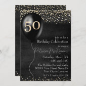 Zwart en Gouden Ballon 50ste Verjaardag Kaart (Voorkant / Achterkant)