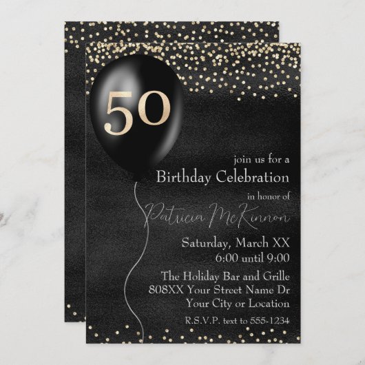 Zwart en Gouden Ballon 50ste Verjaardag Kaart (Voorkant / Achterkant)