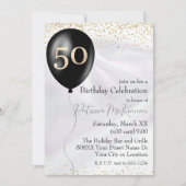 Zwart en Gouden Ballon Wit Satijn 50ste Verjaardag Kaart (Voorkant)