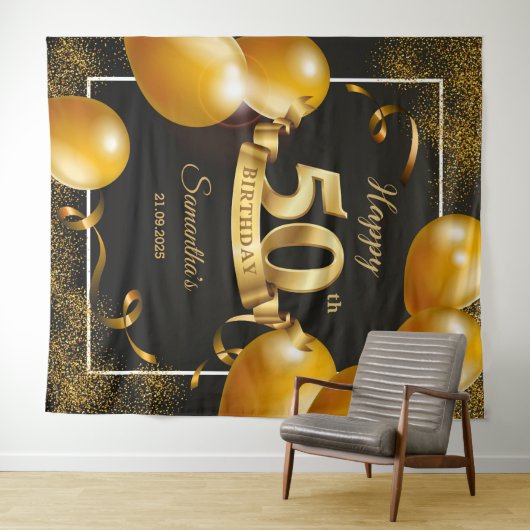 Zwart en gouden ballonnen 50e verjaardag achtergro wandkleed (In Situ (horizontaal))