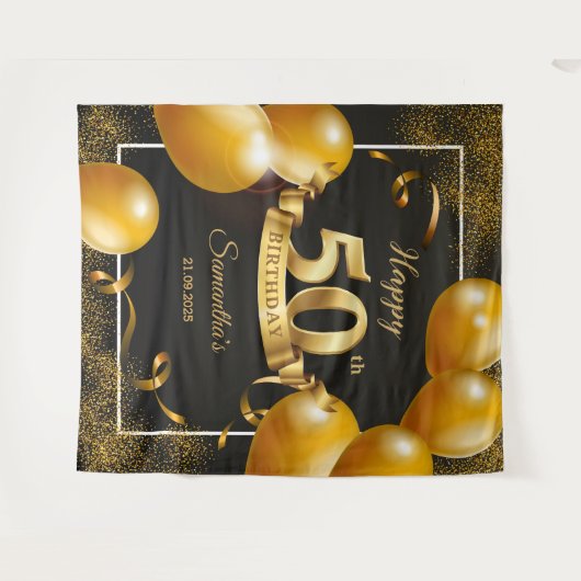 Zwart en gouden ballonnen 50e verjaardag achtergro wandkleed (Voorkant (horizontaal))