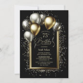 Zwart en Gouden Ballonnen 75e Verjaardagsfeestje Kaart (Voorkant)
