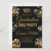 Zwart en Gouden Ballonnen Afstuderen BBQ Party Kaart (Voorkant)
