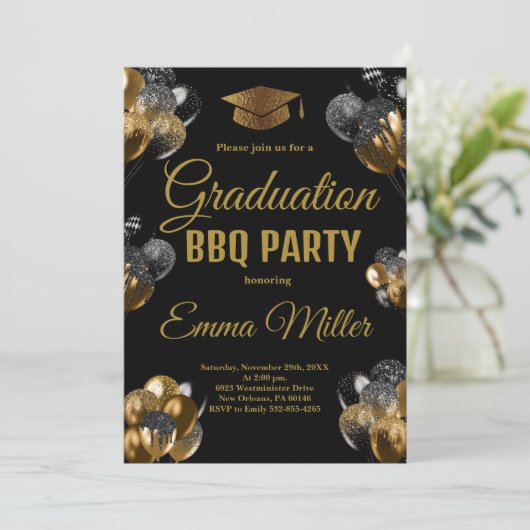 Zwart en Gouden Ballonnen Afstuderen BBQ Party Kaart