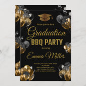 Zwart en Gouden Ballonnen Afstuderen BBQ Party Kaart (Voorkant / Achterkant)