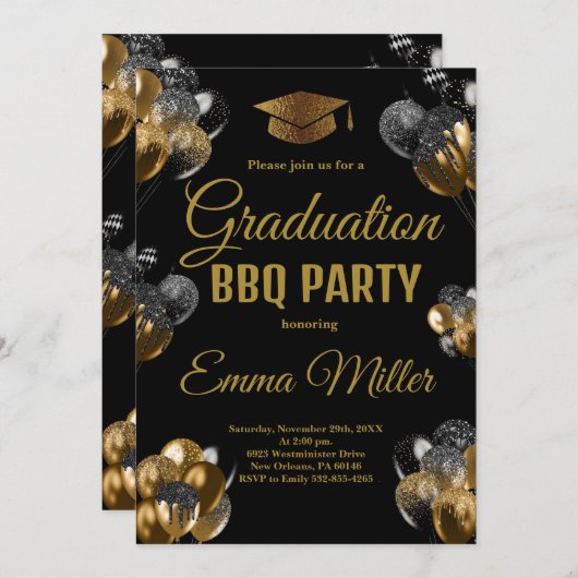 Zwart en Gouden Ballonnen Afstuderen BBQ Party Kaart (Voorkant / Achterkant)