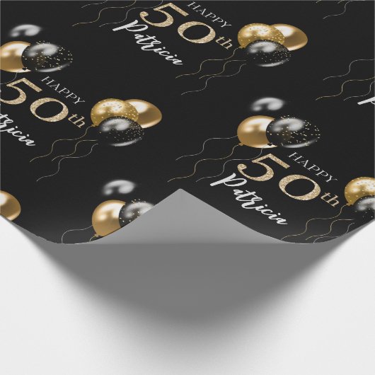 Zwart en Gouden Ballonnen Gelukkige 50ste Verjaard Cadeaupapier (Hoek)