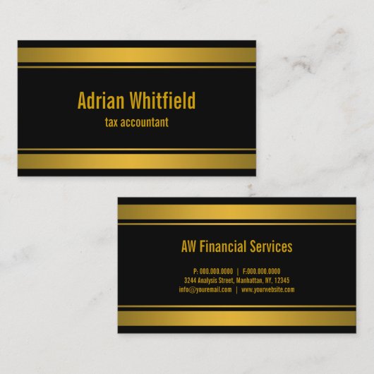 Zwart en Gouden Bar Grenzen Horizontale Accountant Visitekaartje (Voorkant / Achterkant)