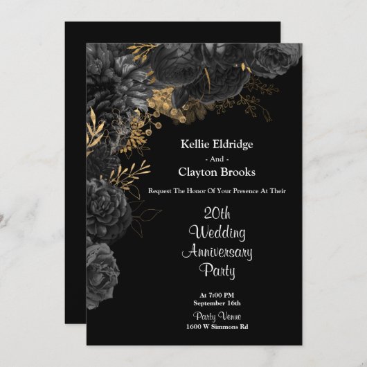 Zwart en gouden bloem feestelijke huwelijksjubileu kaart (Voorkant / Achterkant)