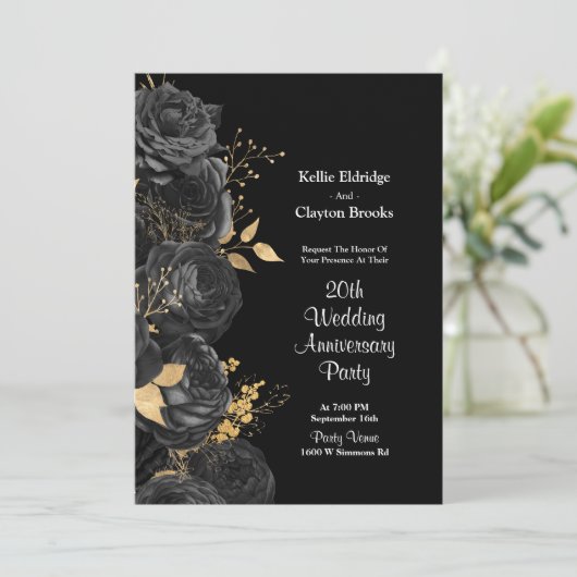 Zwart en gouden bloem feestelijke huwelijksjubileu kaart (Staand voorkant)