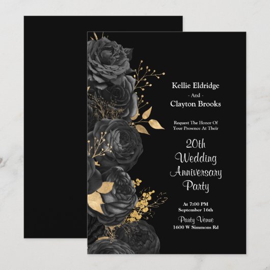 Zwart en gouden bloem feestelijke huwelijksjubileu kaart (Voorkant / Achterkant)