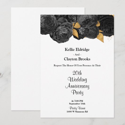 Zwart en gouden bloem feestelijke huwelijksjubileu kaart (Voorkant / Achterkant)