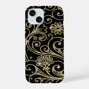 Zwart en gouden bloem glitters & vonken iPhone 15 hoesje