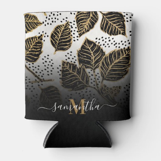Zwart en Gouden Bloemen Blikjeskoeler (Voorkant)