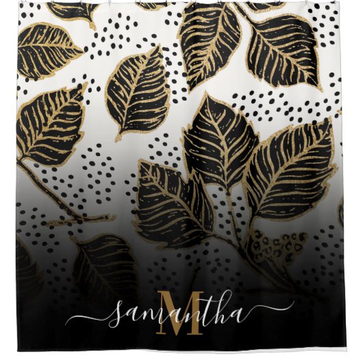 Zwart en Gouden Bloemen Douchegordijn (Voorkant)