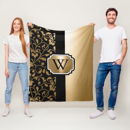 Zwart en Gouden  Bloemen Fleece Deken (In situ)